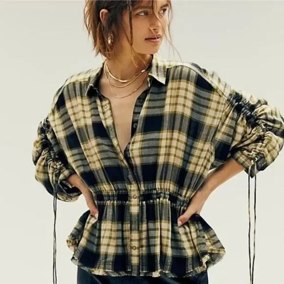 We The Free Tops - WE THE FREE S Pacific Dawn Drawstring Top Black Plaid Ruched Sleeve Raw Hem Snap